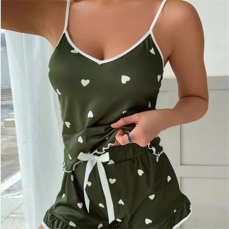 Summer Pajama Set Large Size Vest Shorts Women's Suspenders Soft Casual Cute Printed