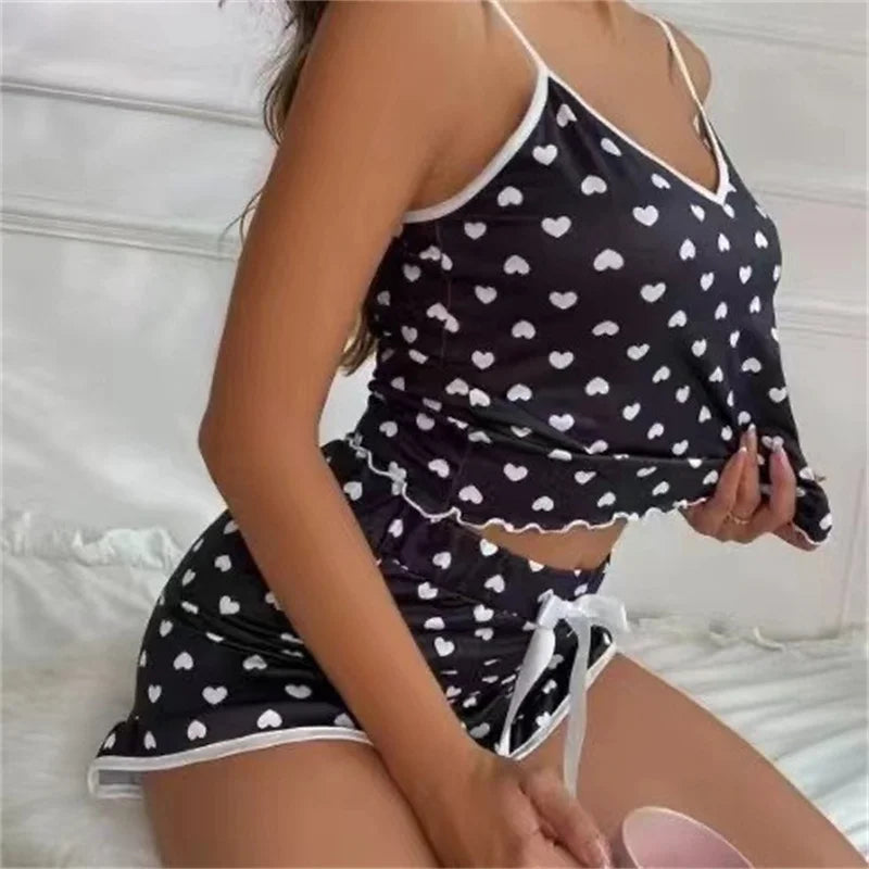 Summer Pajama Set Large Size Vest Shorts Women's Suspenders Soft Casual Cute Printed