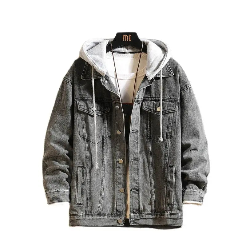 Denim Jacket Men Hooded Casual Men Jean Jackets Streetwear Solid Color Turn Down Collar Denim Coats Men Jackets Hat Detachable