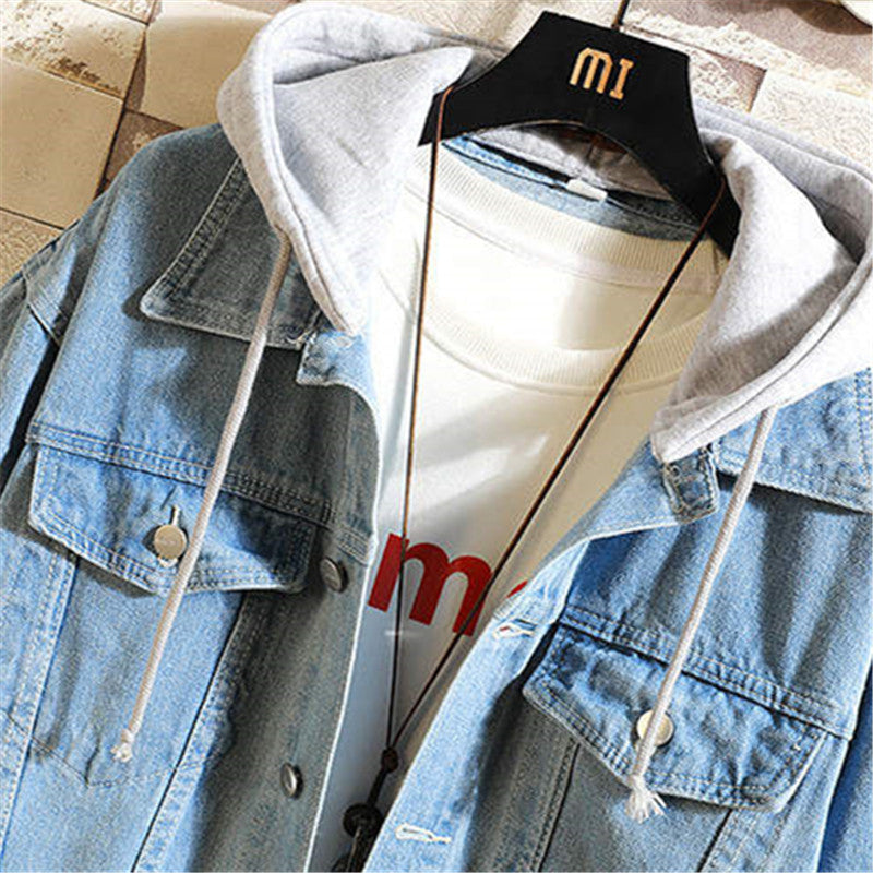 Denim Jacket Men Hooded Casual Men Jean Jackets Streetwear Solid Color Turn Down Collar Denim Coats Men Jackets Hat Detachable