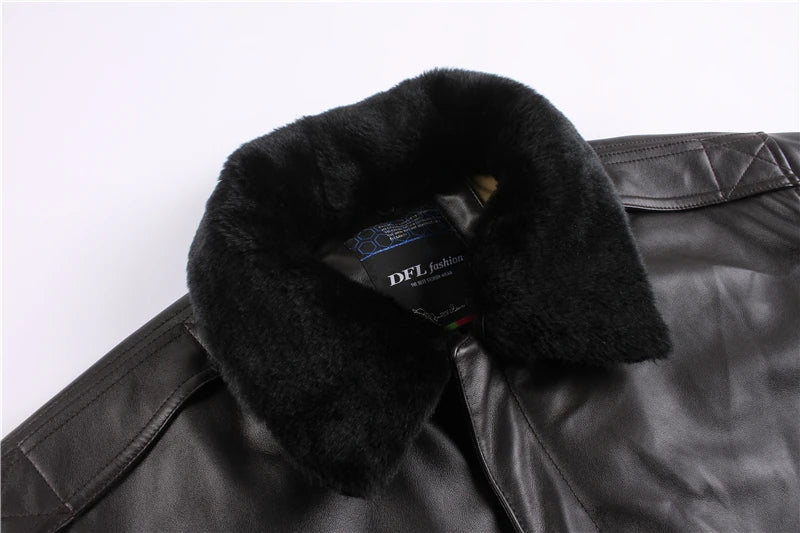 A vintage men's A2 leather bomber jacket with a removable fur collar, inspired by air force coats, suitable for streetwear