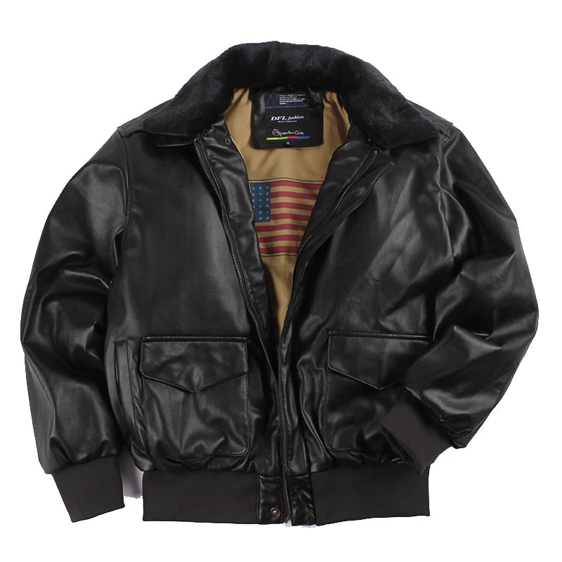 A vintage men's A2 leather bomber jacket with a removable fur collar, inspired by air force coats, suitable for streetwear