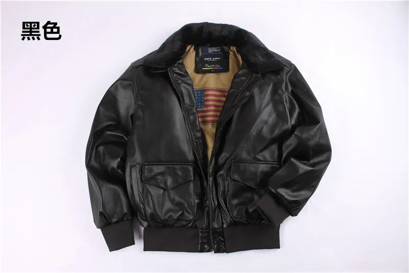 A vintage men's A2 leather bomber jacket with a removable fur collar, inspired by air force coats, suitable for streetwear
