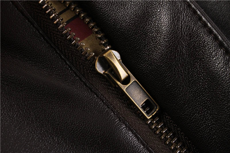 A vintage men's A2 leather bomber jacket with a removable fur collar, inspired by air force coats, suitable for streetwear