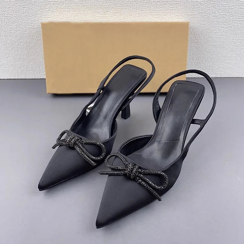 Silk Bow Front High Heels – Slim, Elegant Commuter Sandals with Empty Back Design