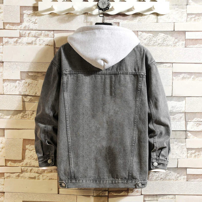Denim Jacket Men Hooded Casual Men Jean Jackets Streetwear Solid Color Turn Down Collar Denim Coats Men Jackets Hat Detachable