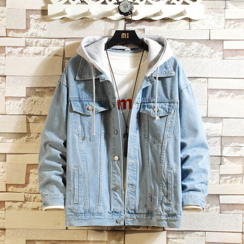 Denim Jacket Men Hooded Casual Men Jean Jackets Streetwear Solid Color Turn Down Collar Denim Coats Men Jackets Hat Detachable