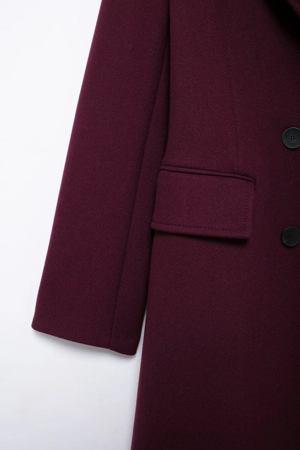HH Women’s Burgundy Wool Coat – Double-Breasted, Long Sleeve Lapel Jacket