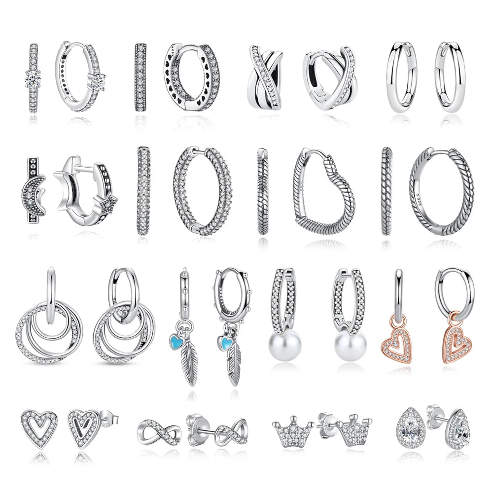 925 Sterling Silver Earrings – Stud & Hoop Set with Crystal, Heart, Crown, Bee & Infinity Designs