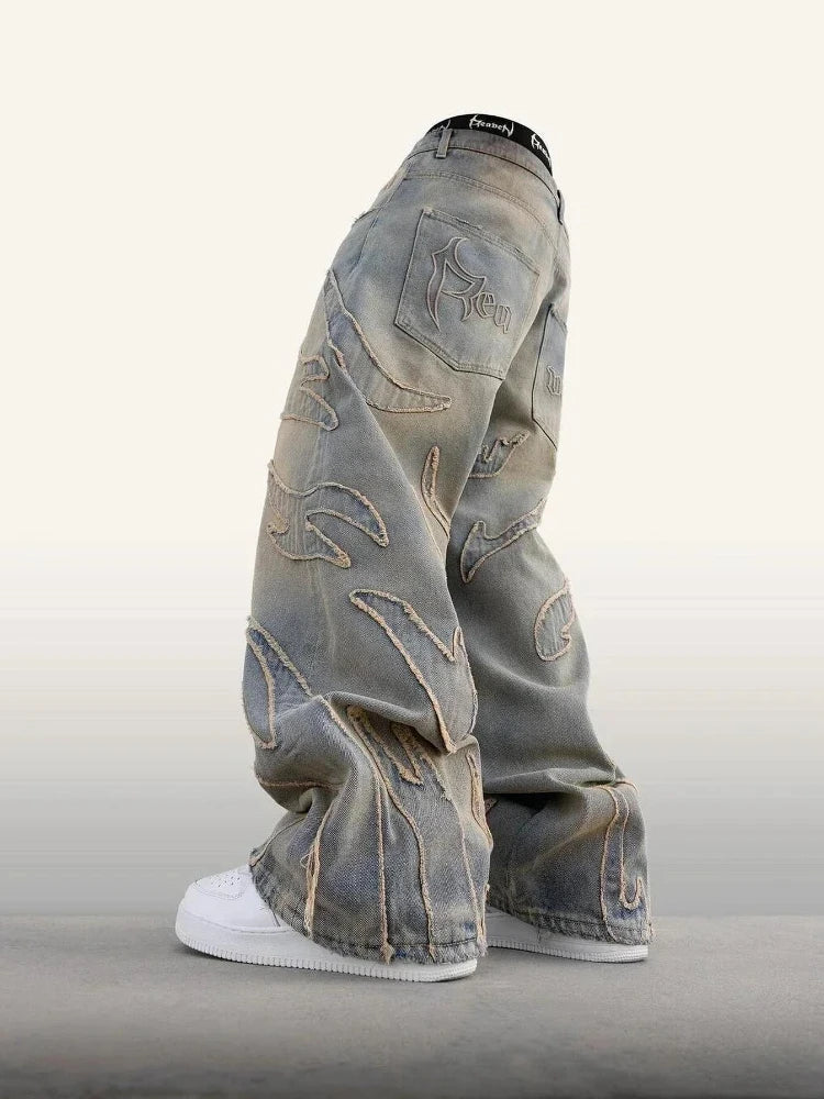 Y2K Patchwork Baggy Jeans – High Waist, Wide-Leg Harajuku Denim