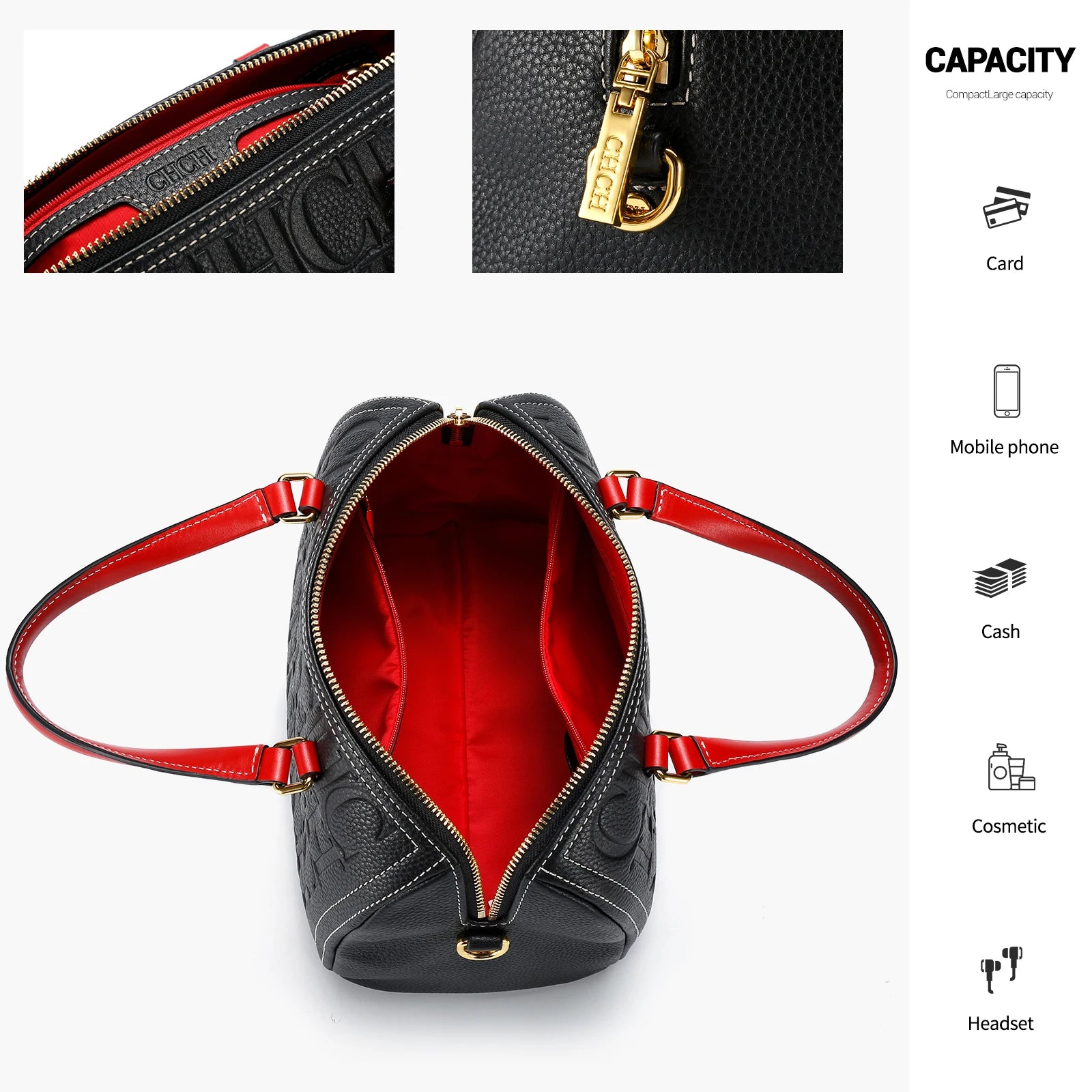 Women's Shoulder Bag Black Cow Leather Letter Embossed Zipper Tote Bag 26*14.5*18cm