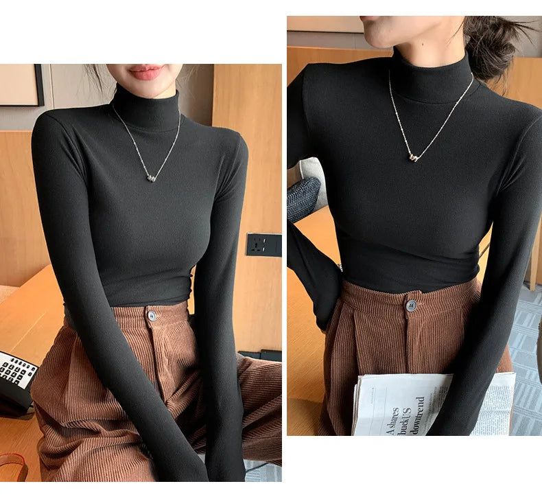 Women's knitted half-turtleneck sweater, slim fit, long sleeves, casual thermal knit top, Korean fashion