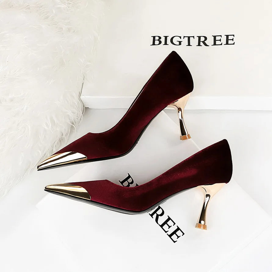 BIGTREE Velvet Wine Glass Heels – Sexy Pointed Party Pumps for Women