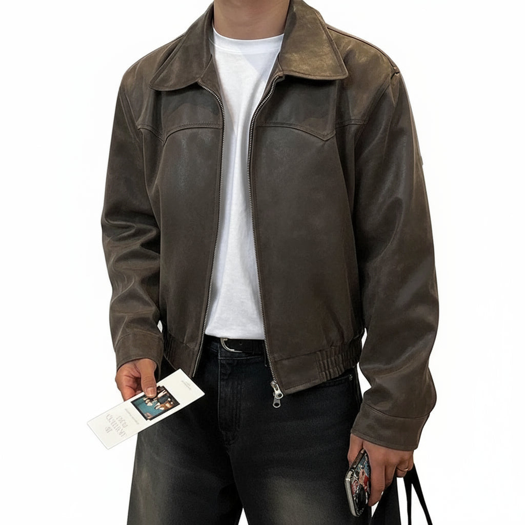 Mauroicardi Vintage PU Leather Jacket – Distressed Brown, Lightweight Korean Style
