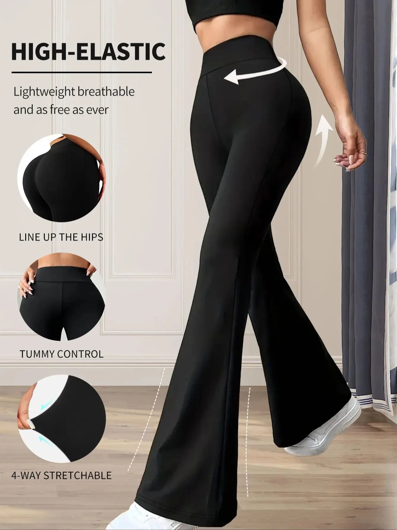 Women’s High-Waist Flared Pants – Slim Fit, Long Black Wide-Leg for Spring & Summer