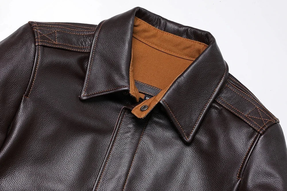 Men's A2-style genuine leather flight jacket made from cowhide and calfskin in brown