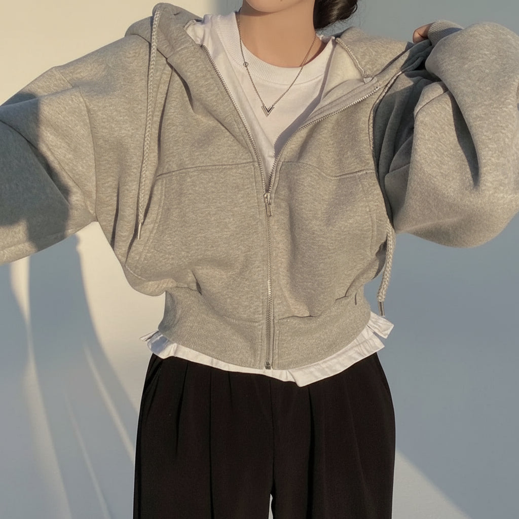 Women’s Casual Y2K Zip-Up Hoodie – Solid Harajuku Oversized Crop Sweatshirt
