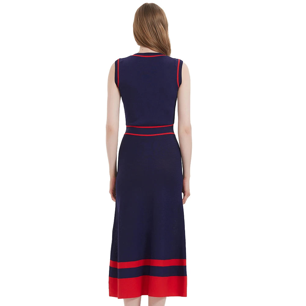 Women's Dress New Sleeveless Knitted Long Dress Simple navy blue Business