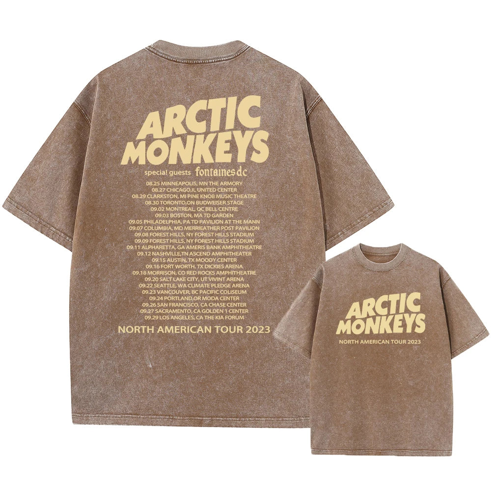 Here is a description based on your input:  Retro Arctic Monkeys Graphic T-Shirt, Vintage Washed, Oversized Fit, Y2K Style, Hip Hop Streetwear for Men