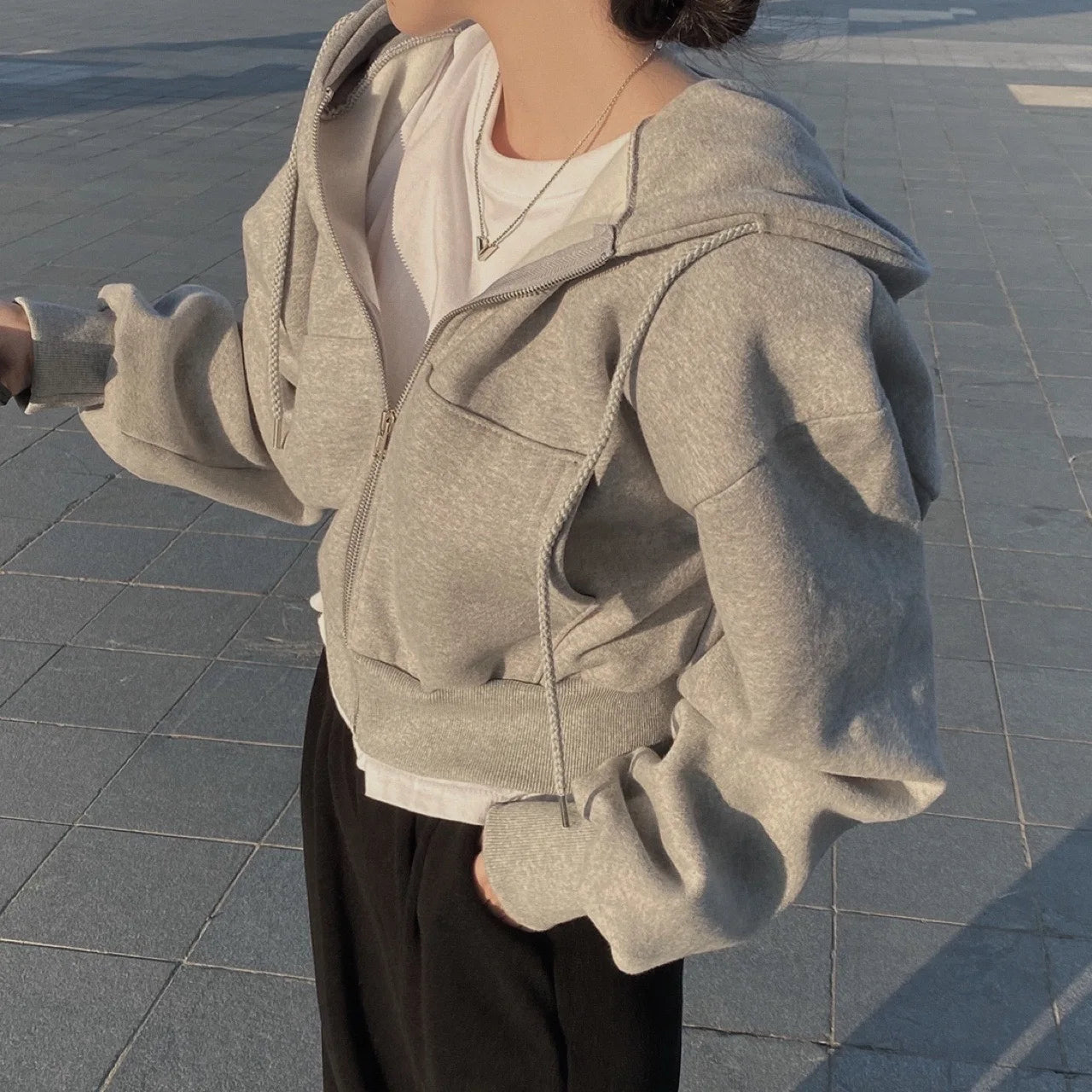 Women’s Casual Y2K Zip-Up Hoodie – Solid Harajuku Oversized Crop Sweatshirt