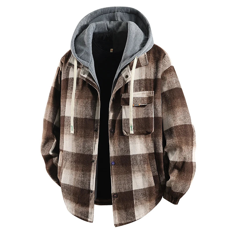 Men's Plus Size 7XL-8XL Hooded Shirt Jacket – Cotton Plaid, Loose Fit, 2-in-1 Style