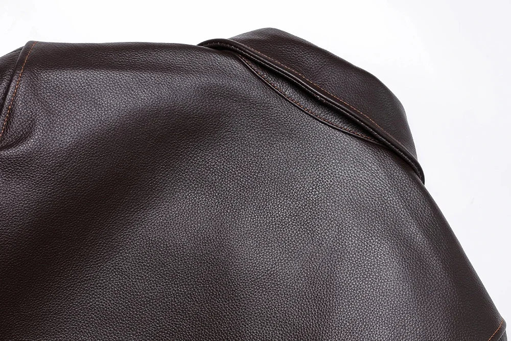 Men's A2-style genuine leather flight jacket made from cowhide and calfskin in brown