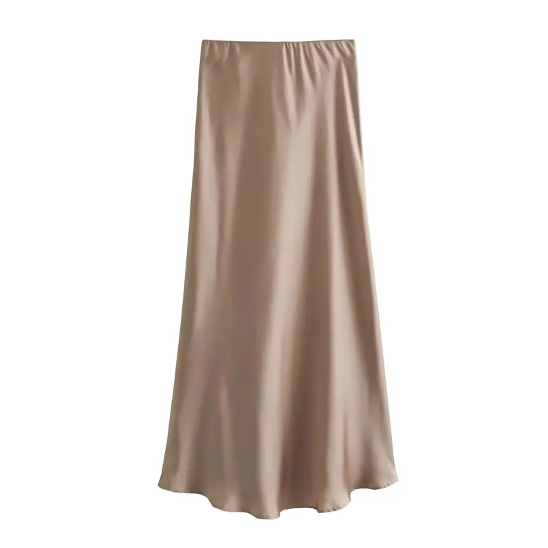 MUJER Women’s Satin High-Waist Long Midi Skirt – Elegant Summer Office Wear
