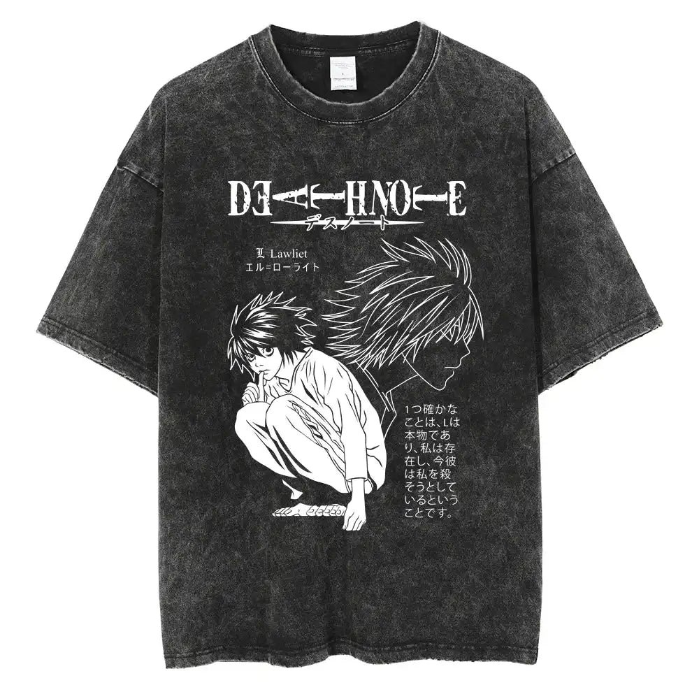 Harajuku Vintage Washed T-Shirt with Death Note Anime Graphic, Oversized Cotton Streetwear for Men and Women