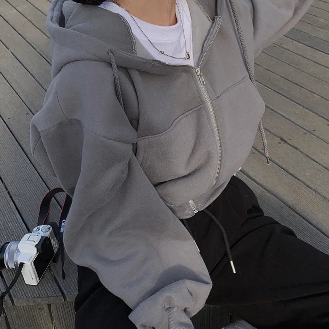 Women’s Casual Y2K Zip-Up Hoodie – Solid Harajuku Oversized Crop Sweatshirt