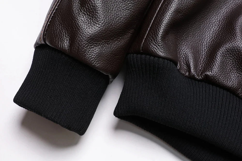 Men's A2-style genuine leather flight jacket made from cowhide and calfskin in brown