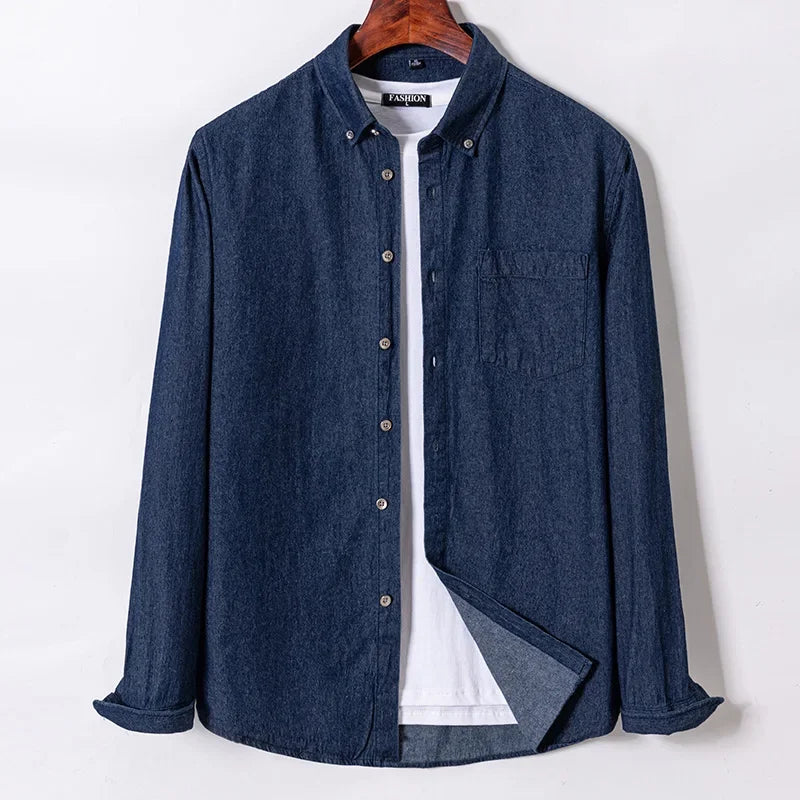 Men’s 100% Cotton Denim Shirt – Long Sleeve, Classic Fit, Pocket Design & Embroidery