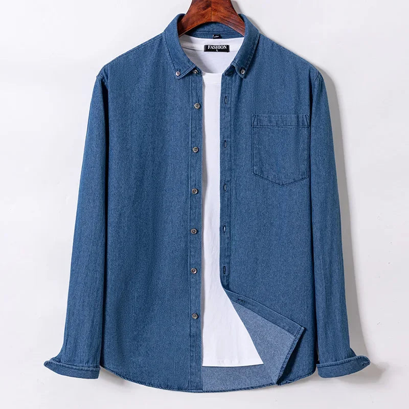 Men’s 100% Cotton Denim Shirt – Long Sleeve, Classic Fit, Pocket Design & Embroidery