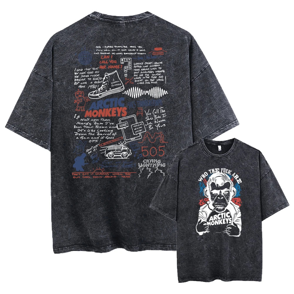 Here is a description based on your input:  Retro Arctic Monkeys Graphic T-Shirt, Vintage Washed, Oversized Fit, Y2K Style, Hip Hop Streetwear for Men