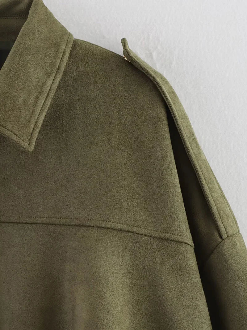 Women’s Vintage Bomber Jacket – Turn-Down Collar, Loose Fit