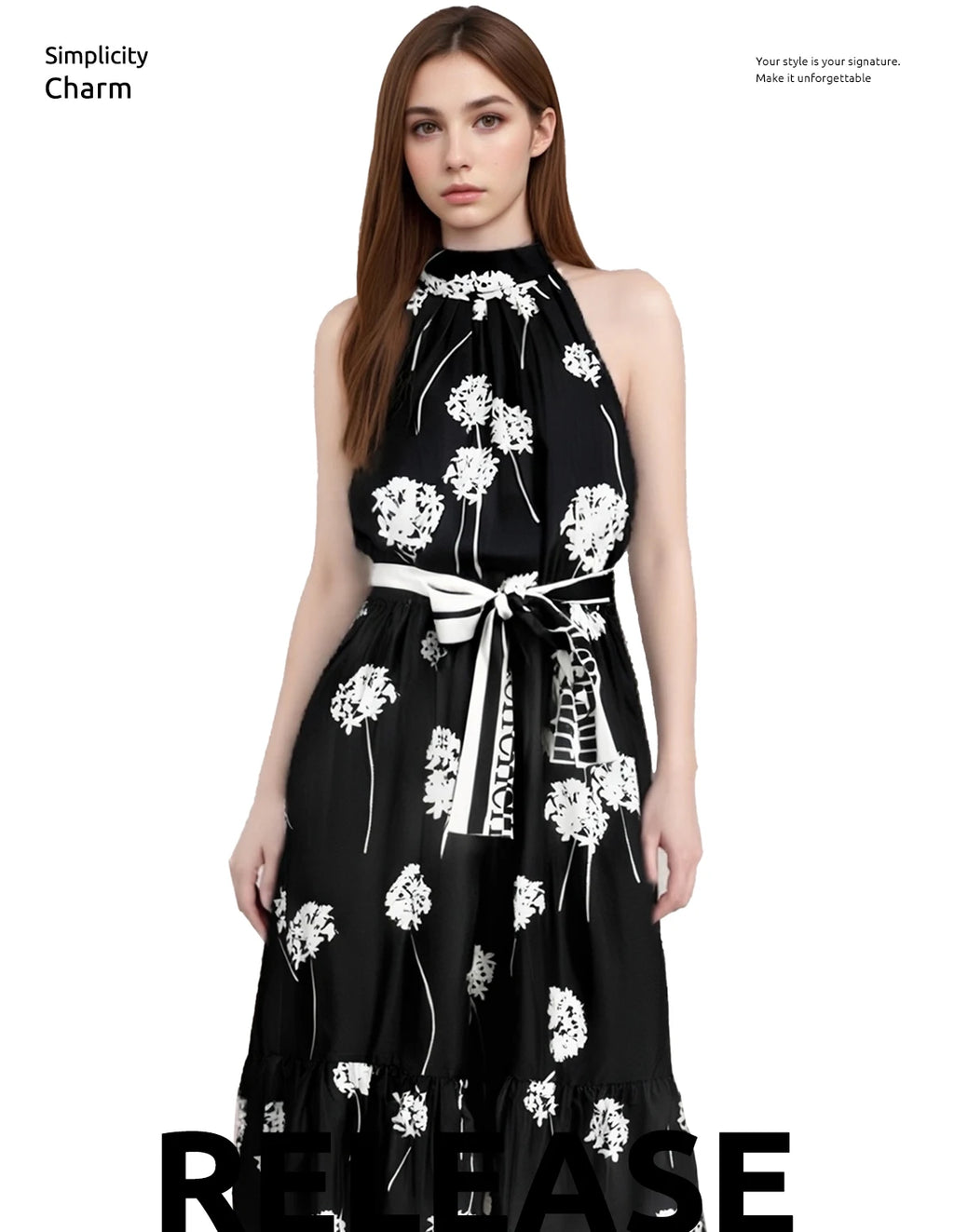 Women's Long Dress Summer New Black Printed Sexy Hanging Collar Dress Casual Party