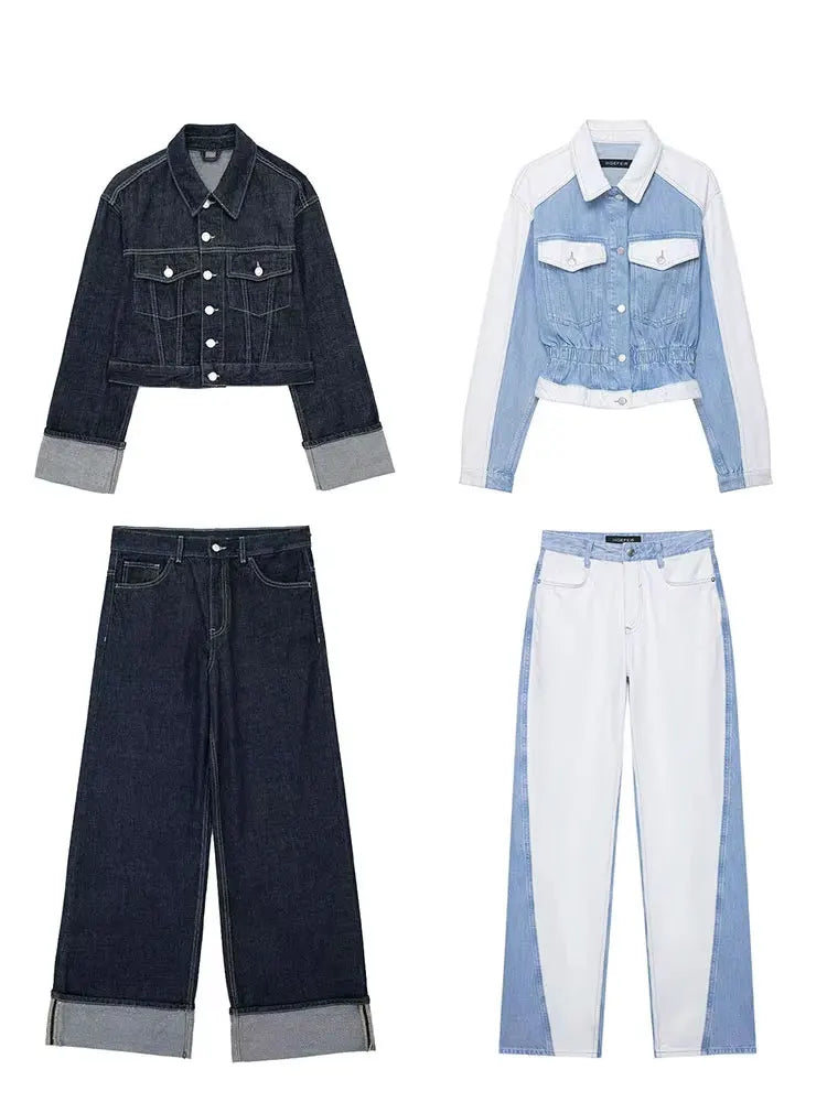 vintage denim women's outfit with a long-sleeve coat and wide-leg jeans