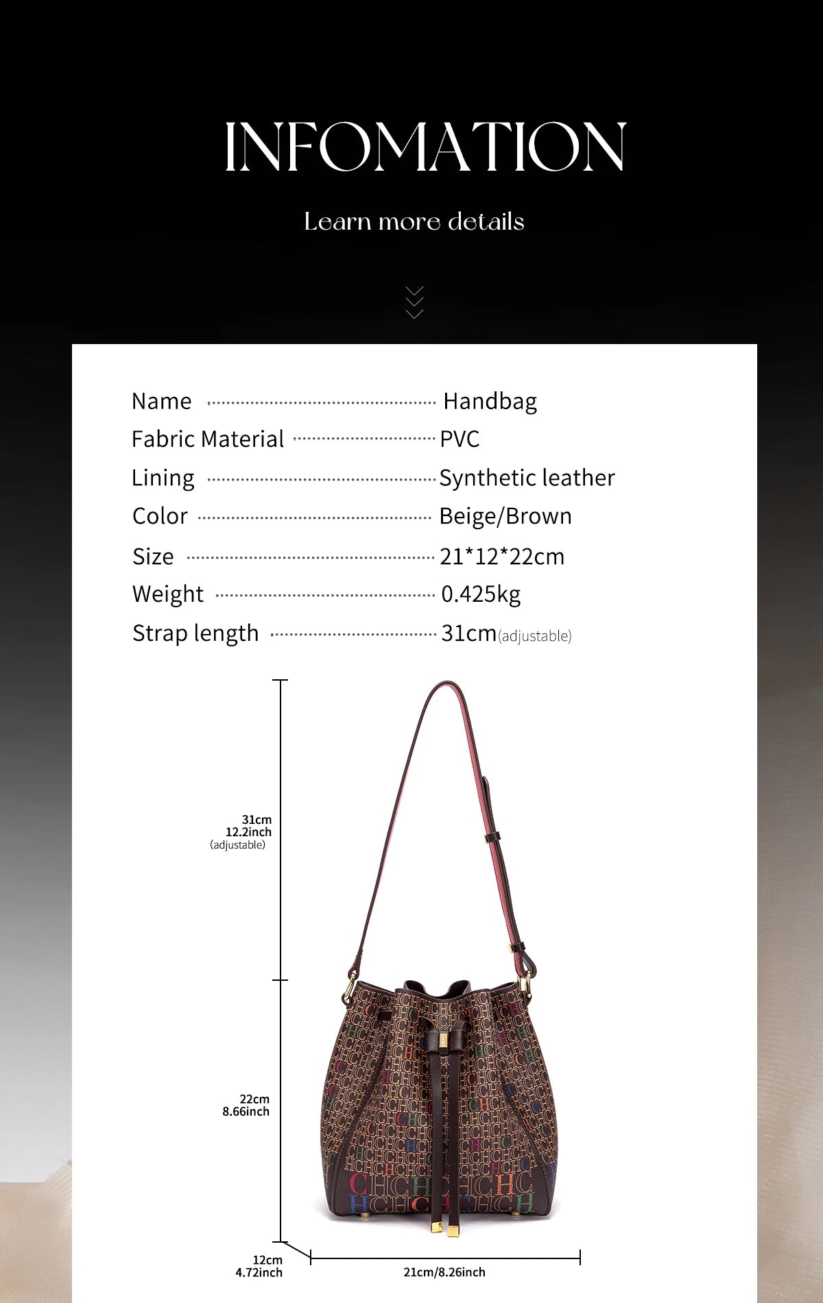 Women's Handbag New Drawstring Bucket Bag Coffee Color Letter Printed Wallet