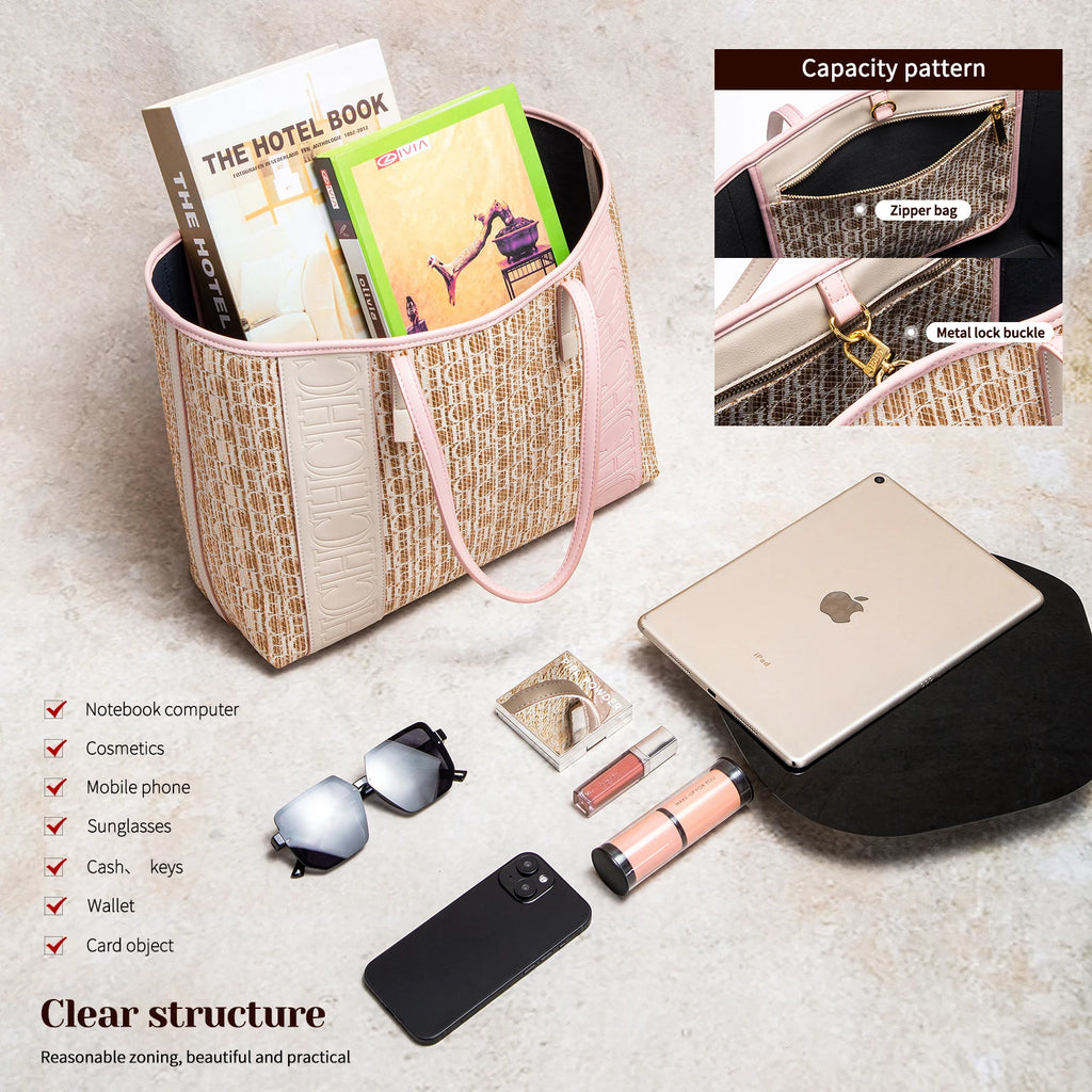 Women's Tote Bag New PVC Large Capacity Splicing Design Women's Bag Commuter Coffee Color Handbag