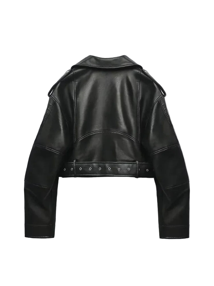 Vintage Loose PU Faux Leather Jacket – Belted Retro Moto Biker Coat with Zipper