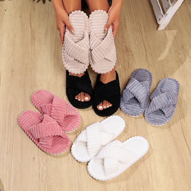 Women’s Fashion Corduroy Cross-Band Slippers – Warm Plush Indoor Slides for Autumn & Winter