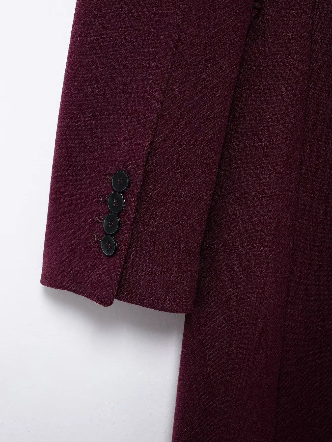 HH Women’s Burgundy Wool Coat – Double-Breasted, Long Sleeve Lapel Jacket