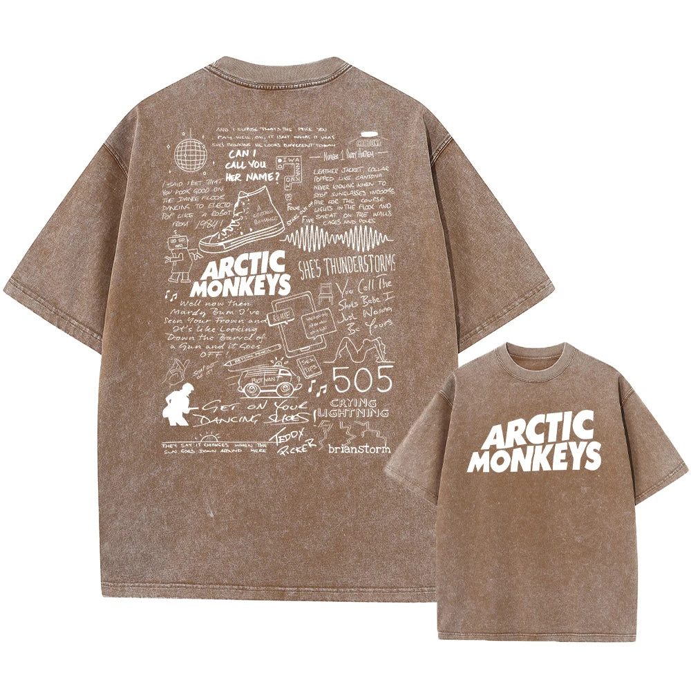 Here is a description based on your input:  Retro Arctic Monkeys Graphic T-Shirt, Vintage Washed, Oversized Fit, Y2K Style, Hip Hop Streetwear for Men