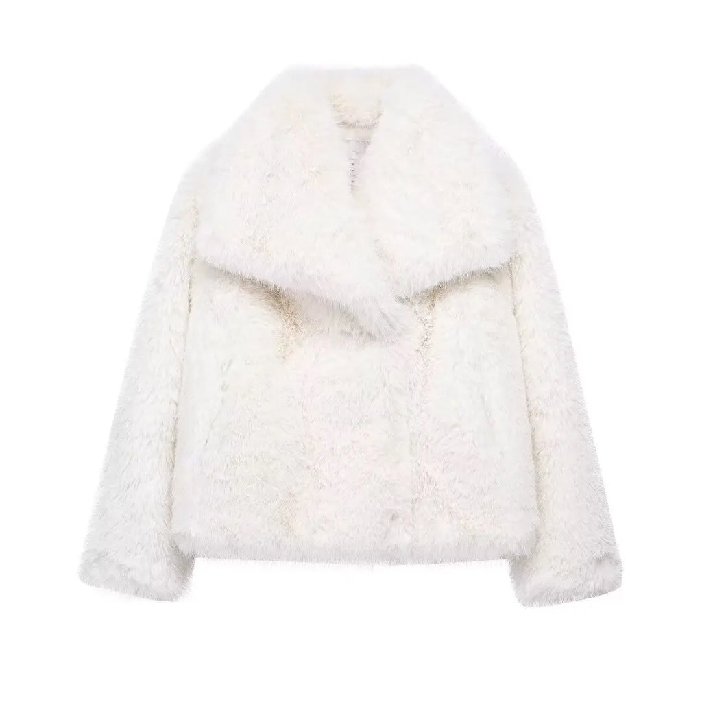 HH Women Cropped Faux Fur Jacket – Chic Thick Coat with Lapel Collar & Snap Button