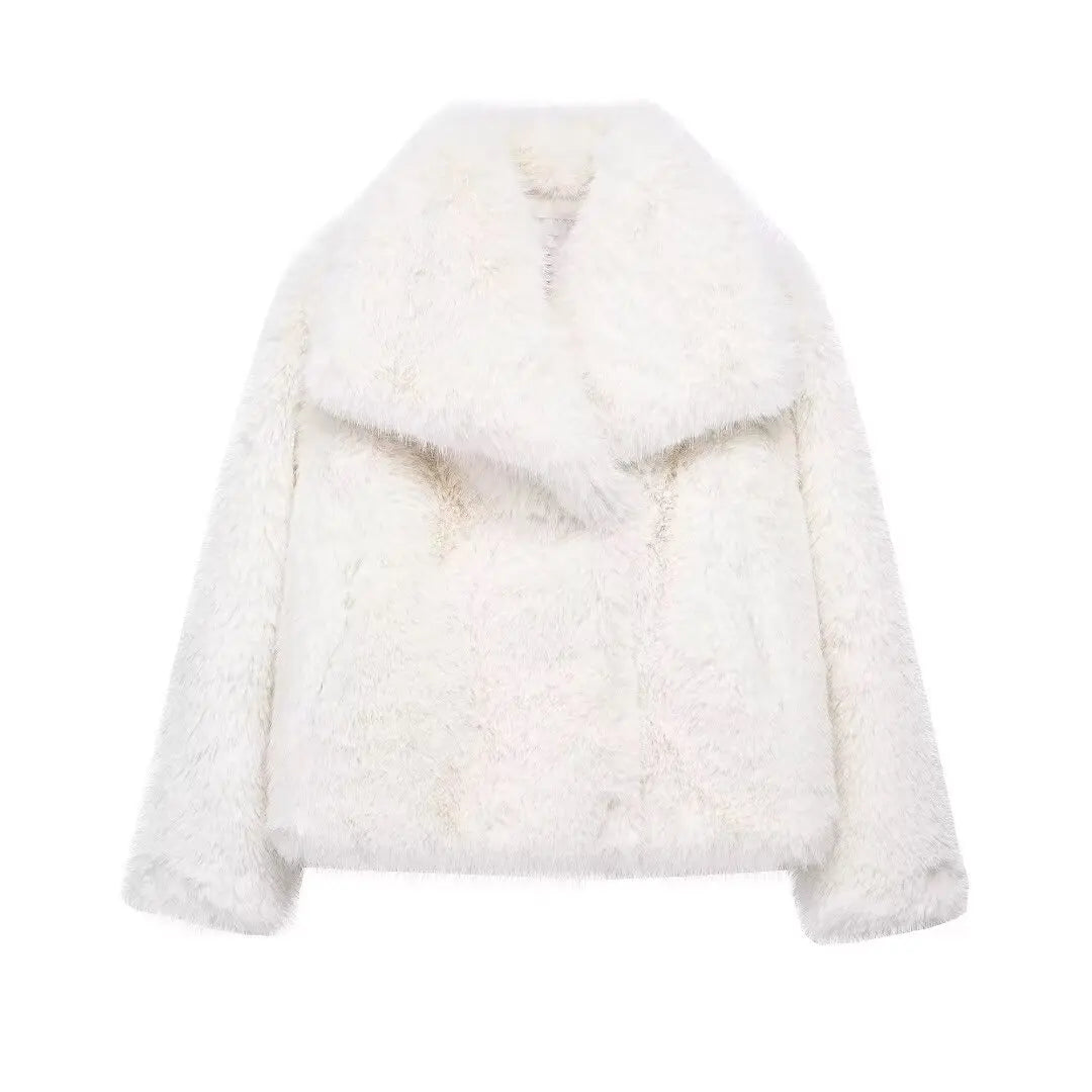 HH Women Cropped Faux Fur Jacket – Chic Thick Coat with Lapel Collar & Snap Button