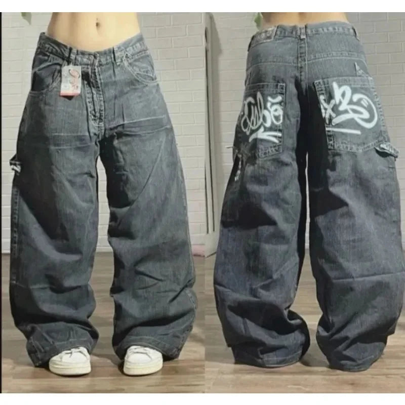 Y2K Patchwork Baggy Jeans – High Waist, Wide-Leg Harajuku Denim