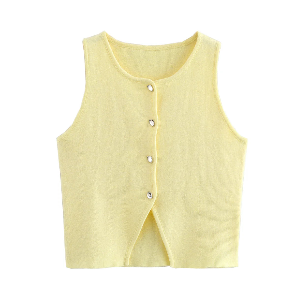 Pink sleeveless knit vest for women, cropped sweater top, yellow button design, streetwear waistcoat, stylish knitwear