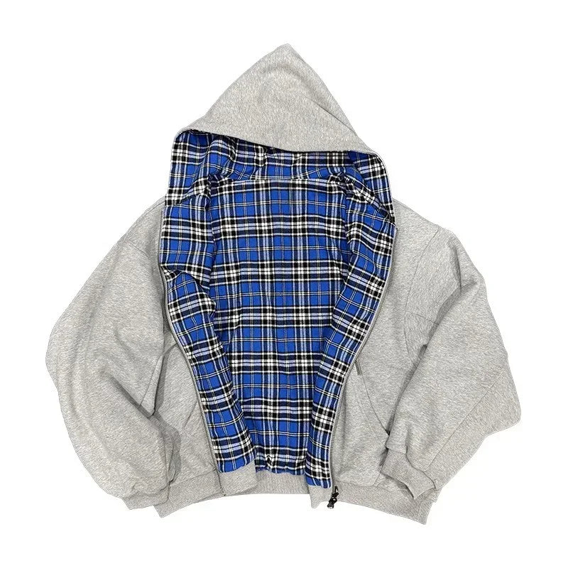 Men's Retro Zipper Hoodie with Blue Stripes and Plaid, 90s Hip Hop Style, Loose Gray Cotton Sweatshirt