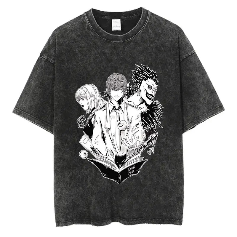 Harajuku Vintage Washed T-Shirt with Death Note Anime Graphic, Oversized Cotton Streetwear for Men and Women