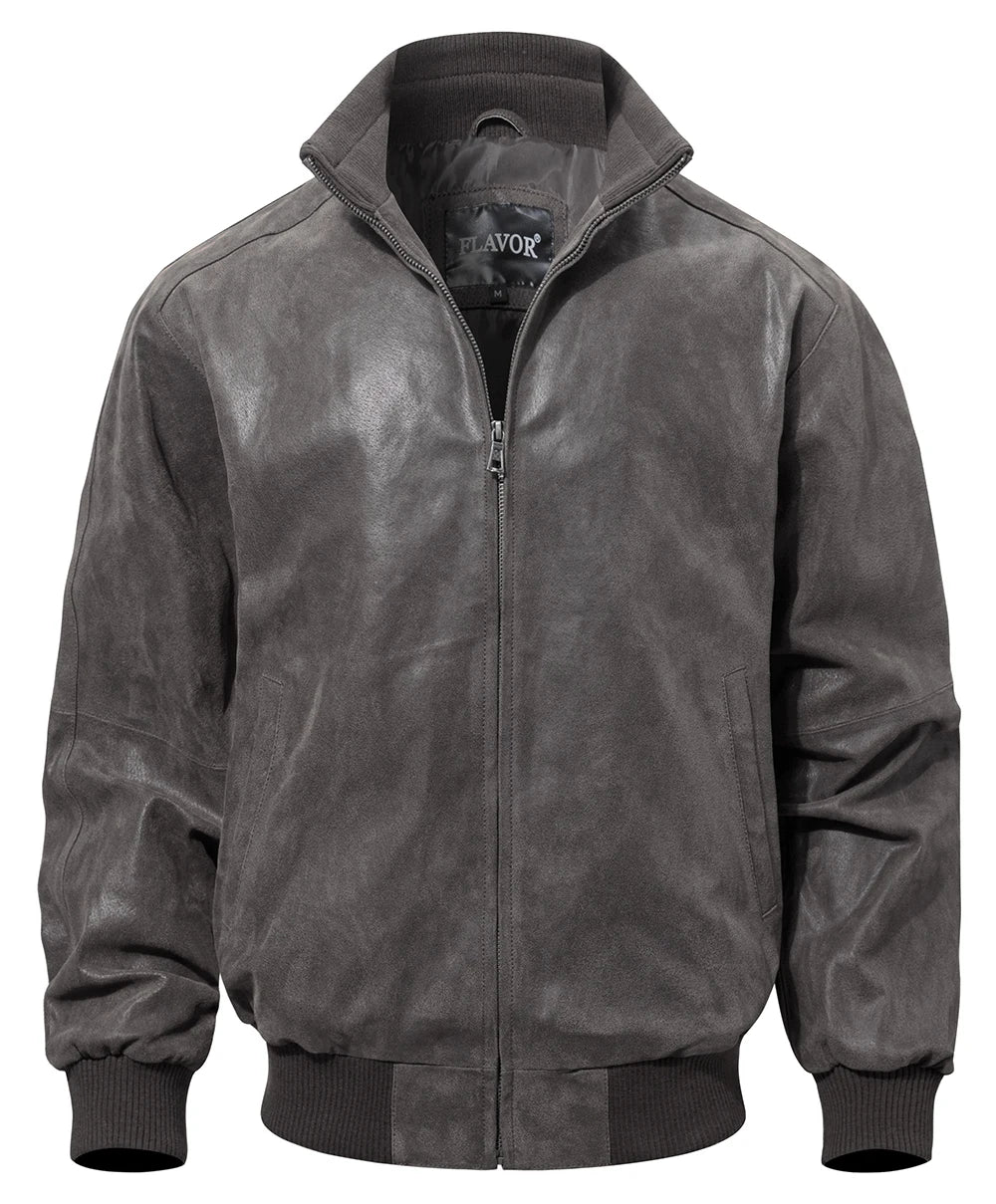 FLAVOR Men's Real Pigskin Leather Bomber Casual Jacket Stand Collar Leather Coat