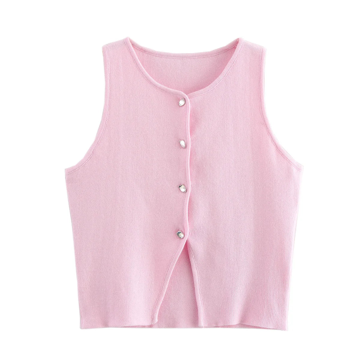Pink sleeveless knit vest for women, cropped sweater top, yellow button design, streetwear waistcoat, stylish knitwear